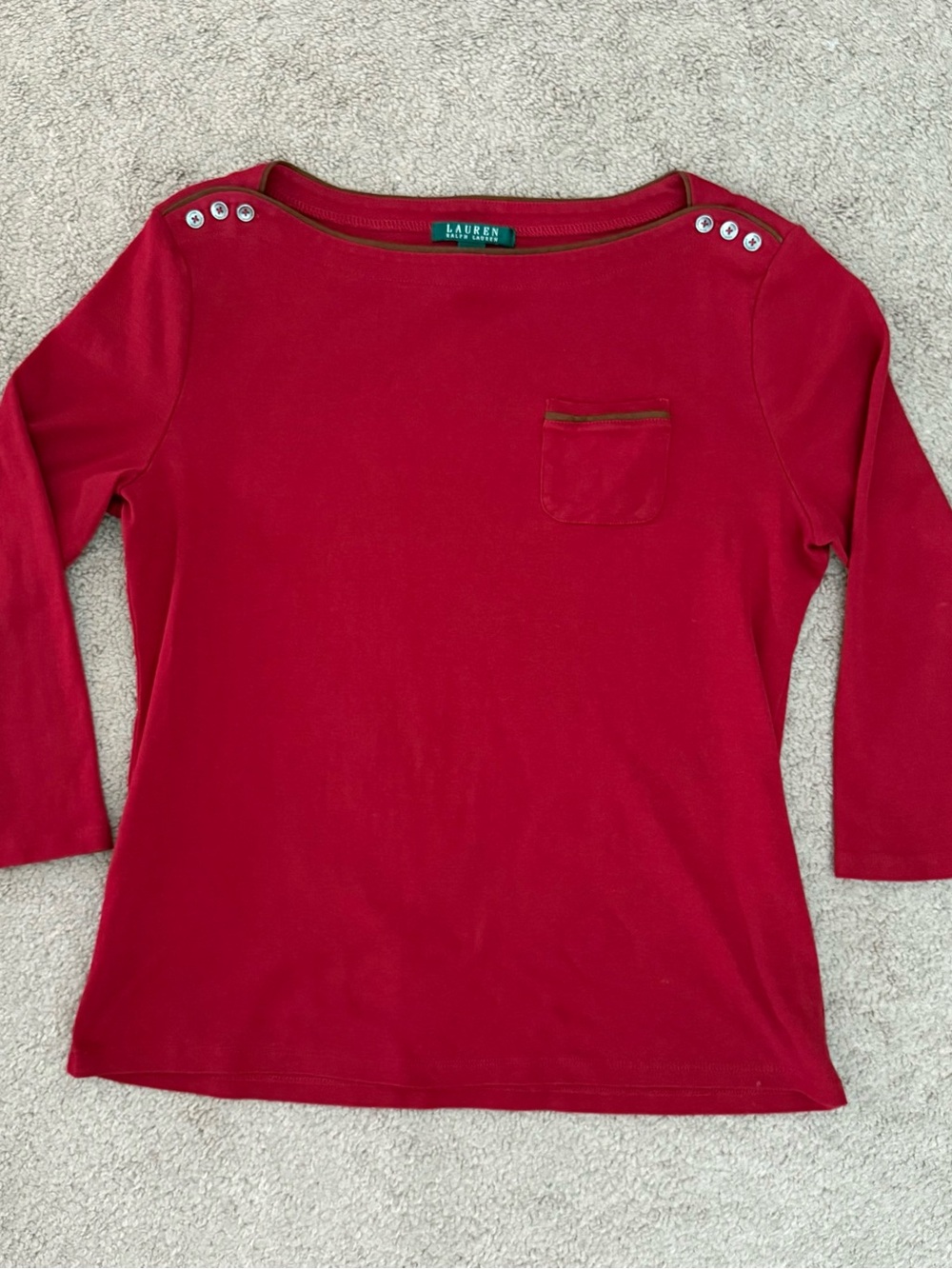 Lauren Ralph Lauren Red Boat Neck Top 3/4 Sleeves 100% Cotton size XL